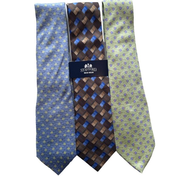 STAFFORD Silk Tie Designer Geometric FISH Blue Green 58-62 x 3.75 Lot of 3 - Picture 1 of 12